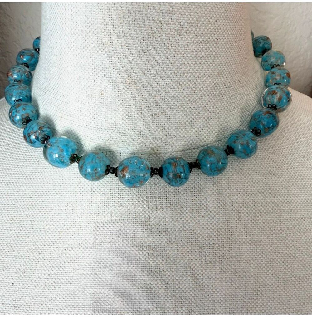 Vintage Venetian Wedding Cake Blue Copper Foil Art Glass Necklace